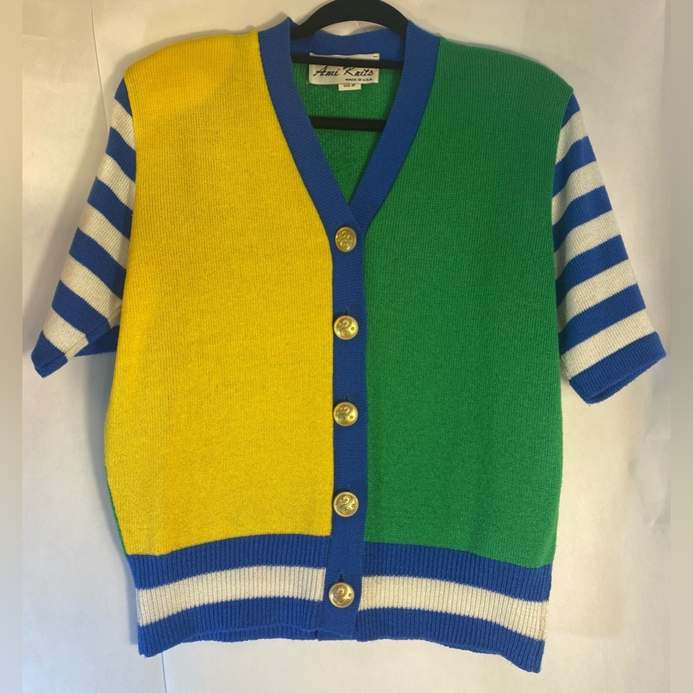 Vintage Ami Knits Colorblock Cardigan Sweater with Gold Buttons‎ Petite Size 8P